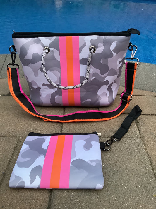 Grey Camo with Pink & Orange Stripe Mini cross shoulder neoprene bag