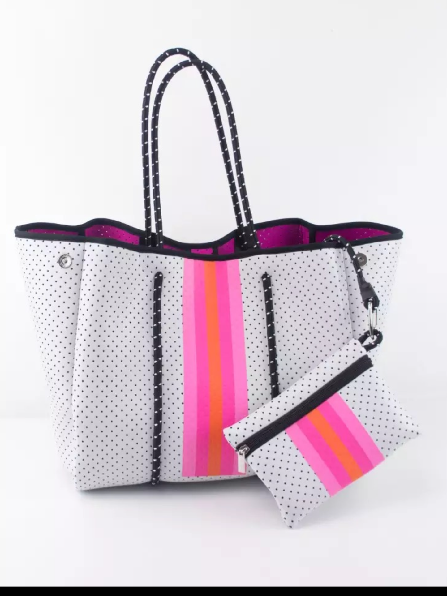 White with Pink & Orange Stripe Neoprene Tote 🧡💗🧡