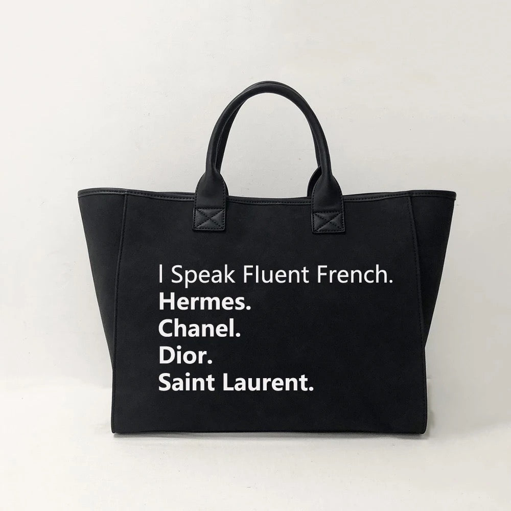 Speak French Tote - Camel, Grey, Black