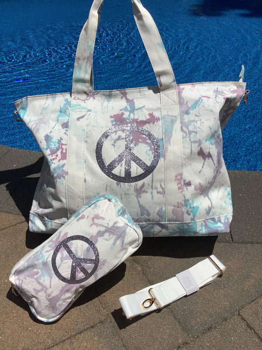 Silver Glitter Peace Sign Tiedye Canvas Tote Bag, Pouch & Strap Set - Lavender/ Turquoise