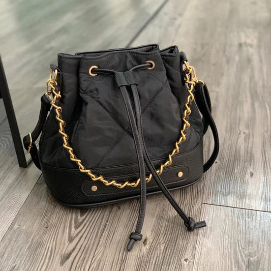 Quilted Nylon Drawstring Bucket Bag Black With Gold Chain Detail