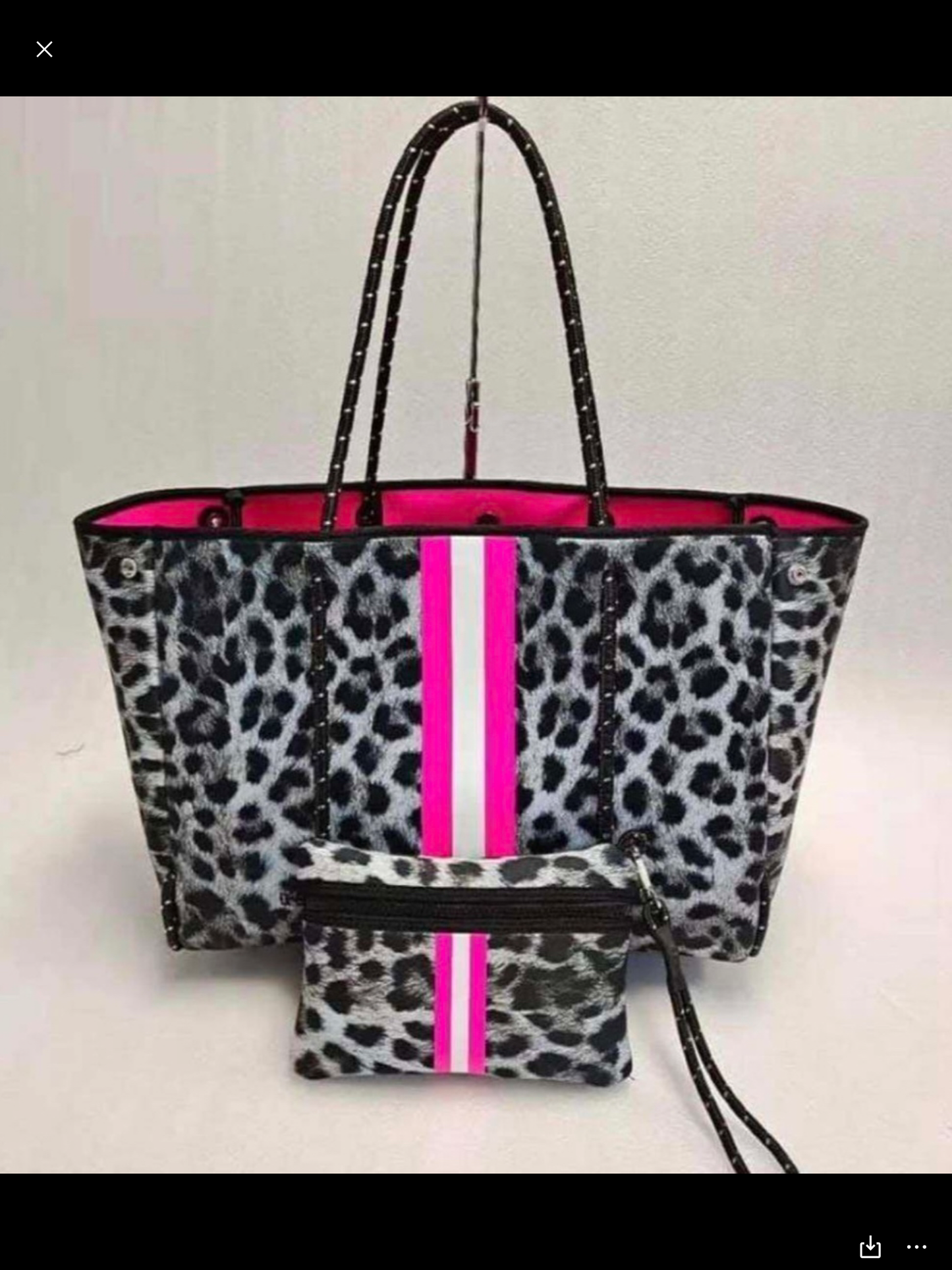 Grey/Black Leopard Neoprene Tote with Pink Stripe