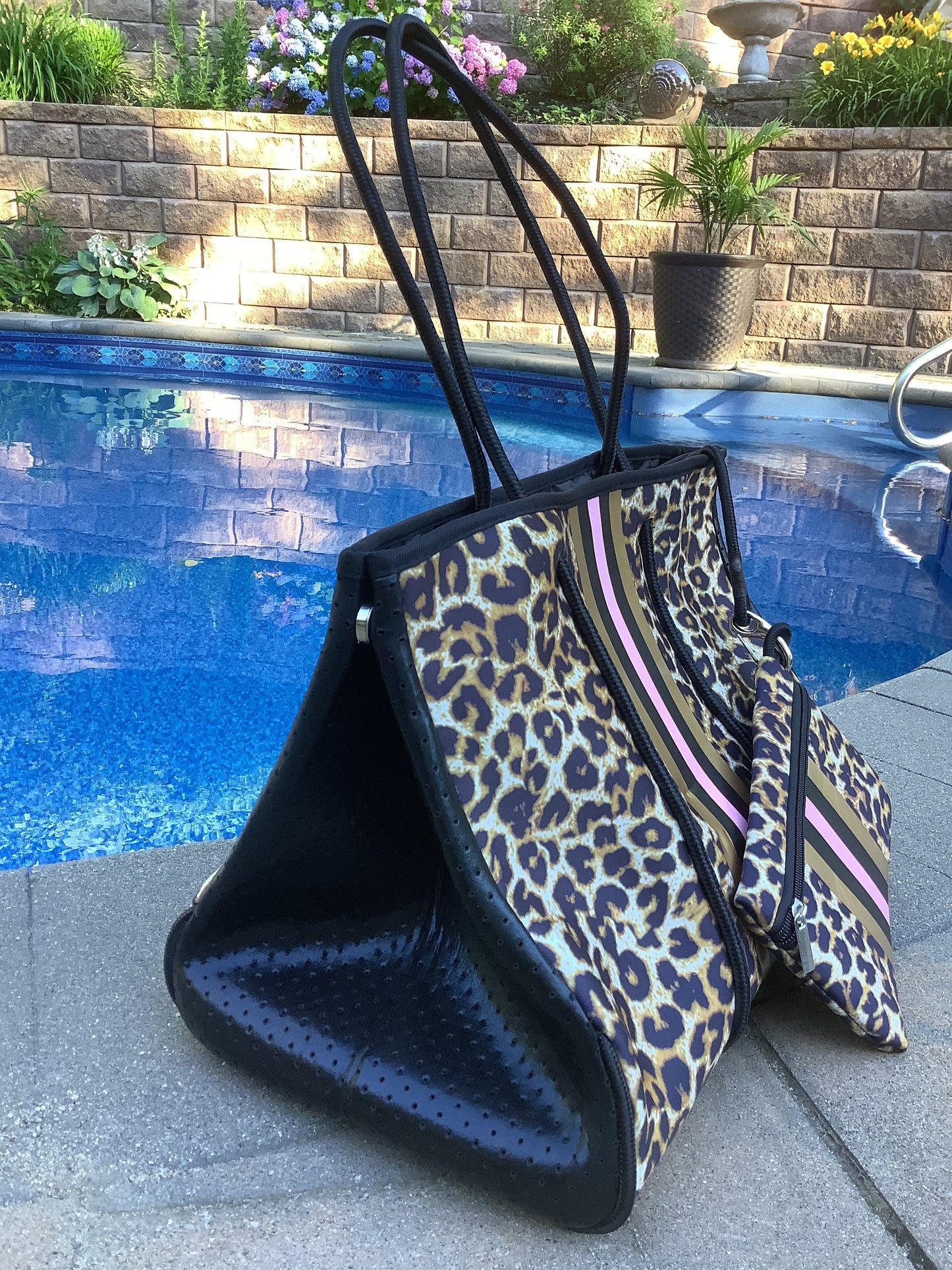 Leopard Neoprene Tote with Rose-gold & Pink Stripe