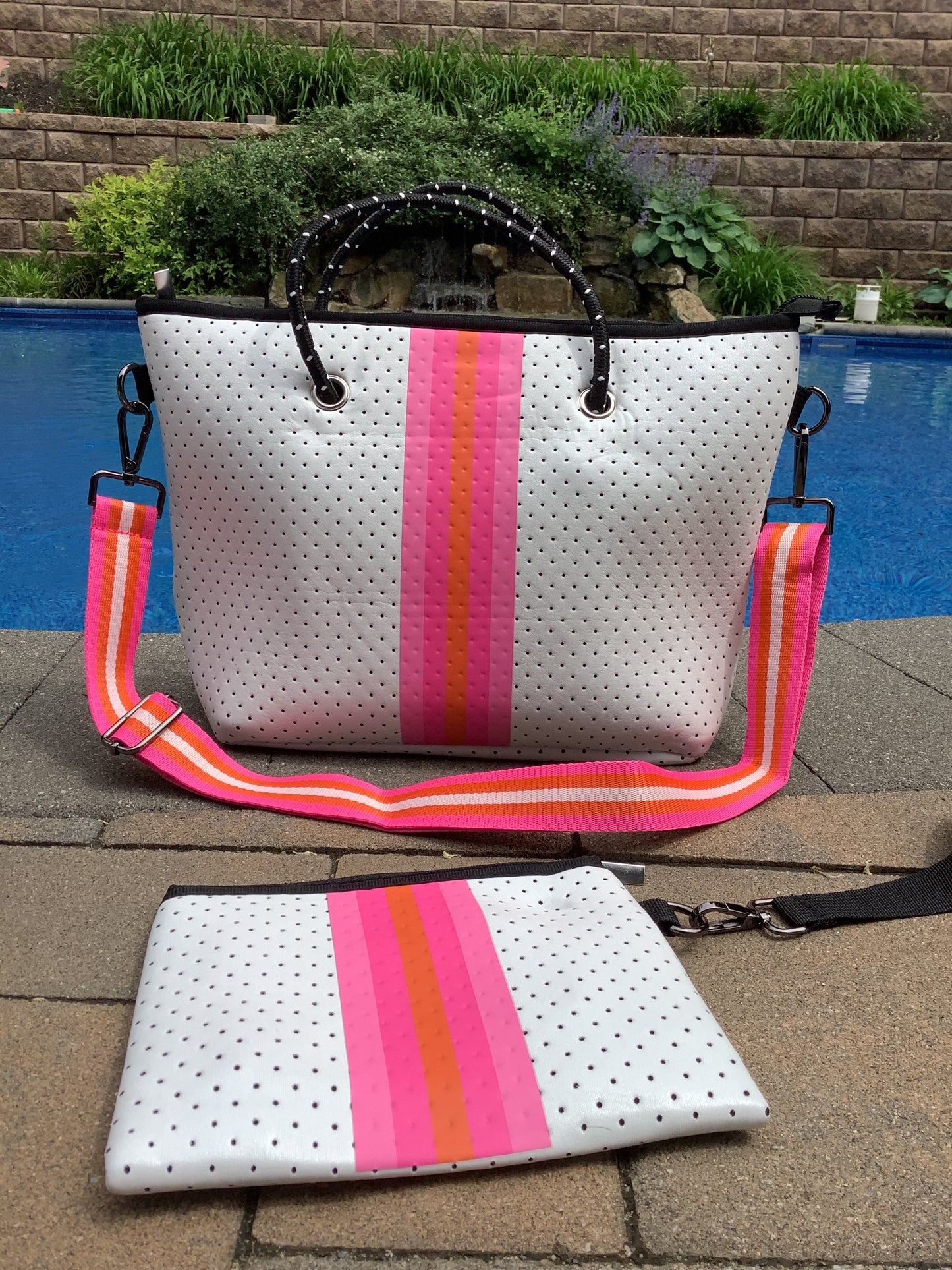 White with Pink & Orange Stripe Mini cross shoulder neoprene bag 🧡💗