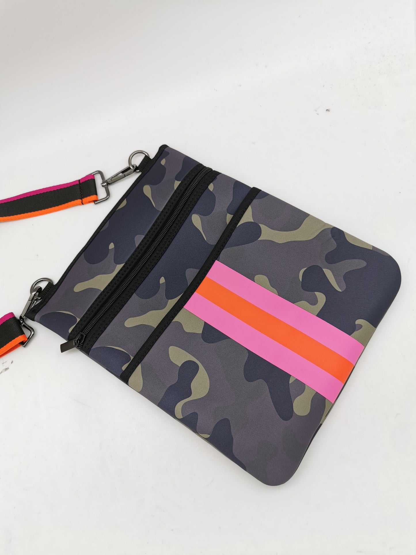 Green Camo neoprene crossbody with Orange & Pink stripes 🧡💗