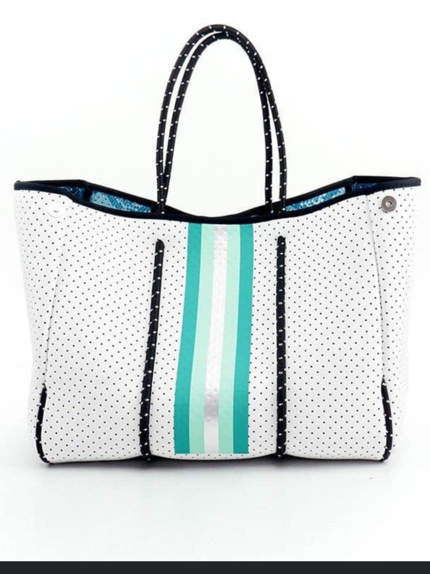 White with Mint & Silver Stripe Neoprene Tote