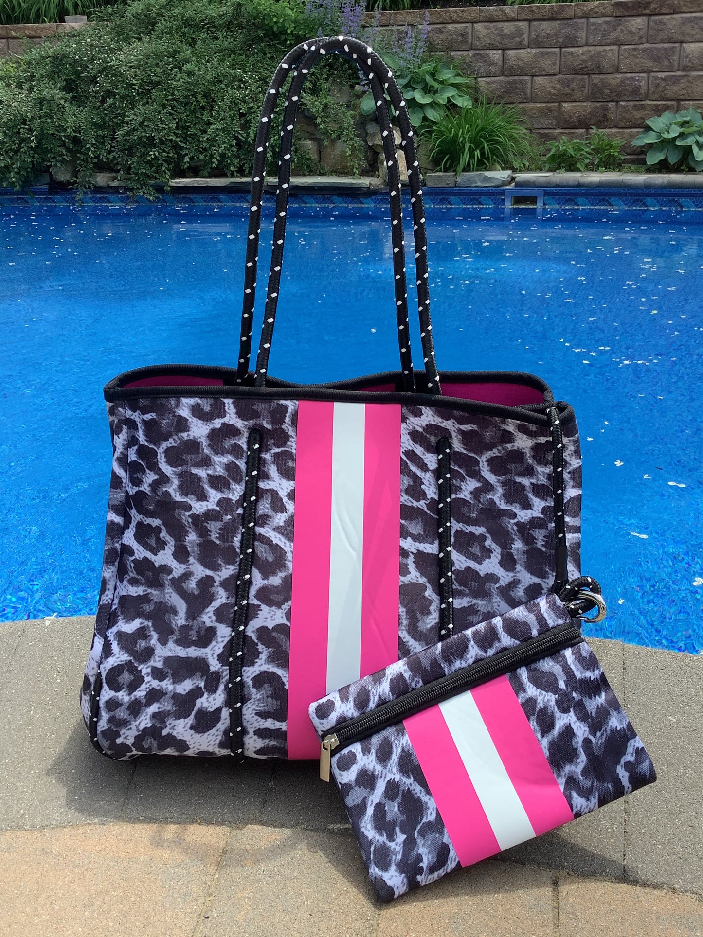 Grey/Black Leopard Neoprene Tote with Pink Stripe