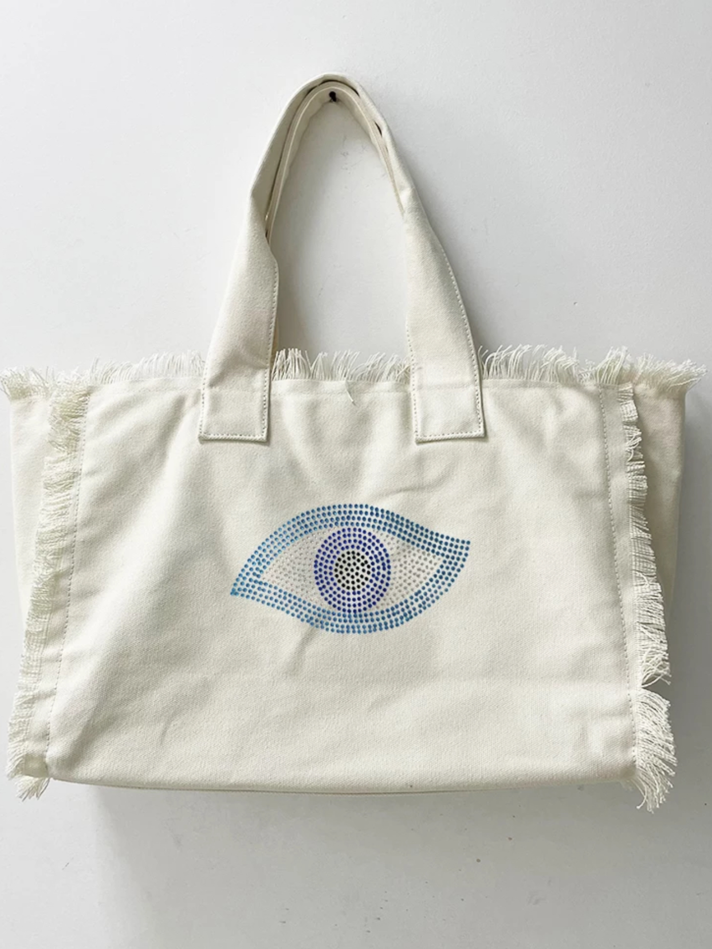 Evil Eye Fringe Canvas Tote -Cream