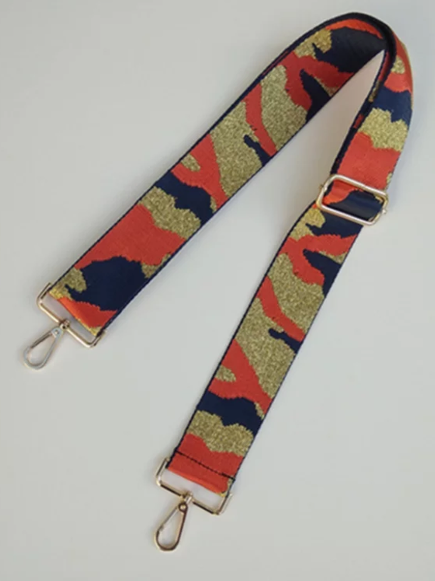 CAMOUFLAGE ADJUSTABLE BAG STRAP W/METALLIC THREAD - NAVY/ORANGE/METALLIC GOLD