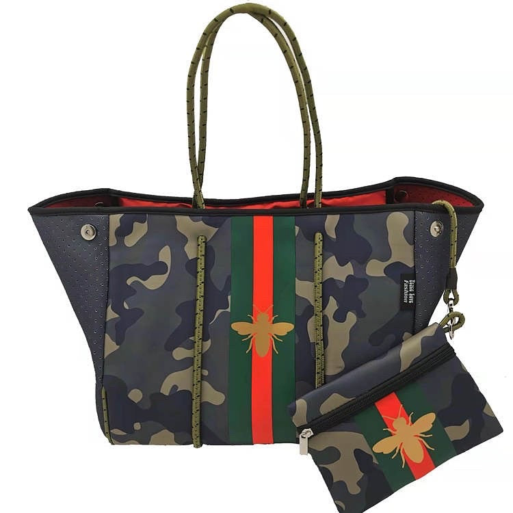 Camo Metallic Neoprene Tote with Gold Bee ❤️🐝💚