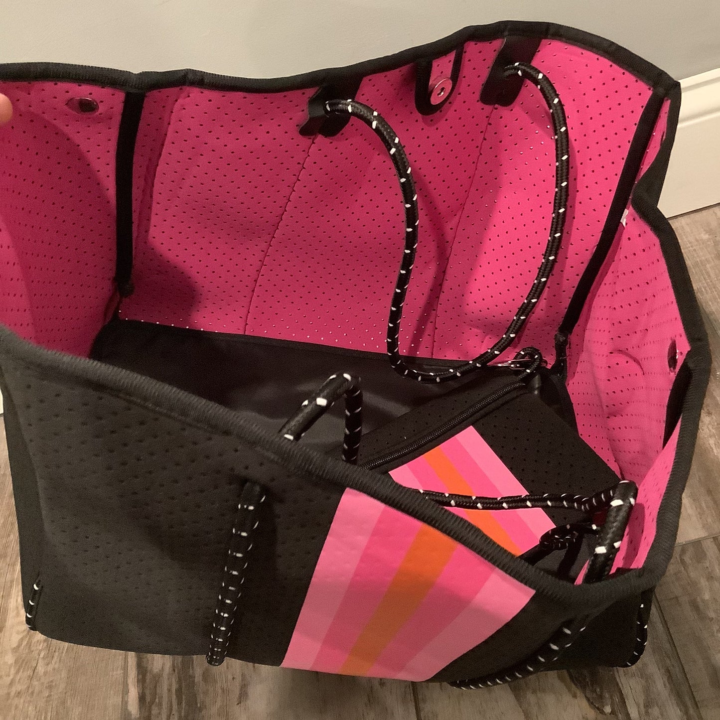 Black with Pink & Orange Stripe Neoprene Tote 🧡💗🖤