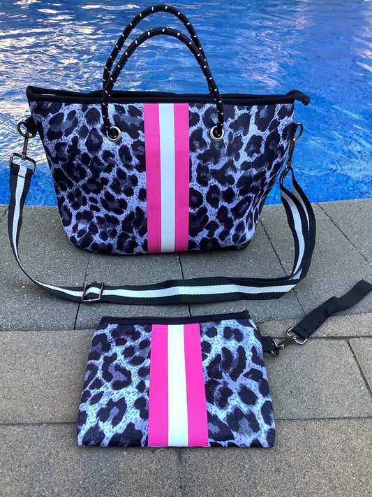 Grey/Black Leopard Pink Stripe Mini Crossbody Shoulder Bag