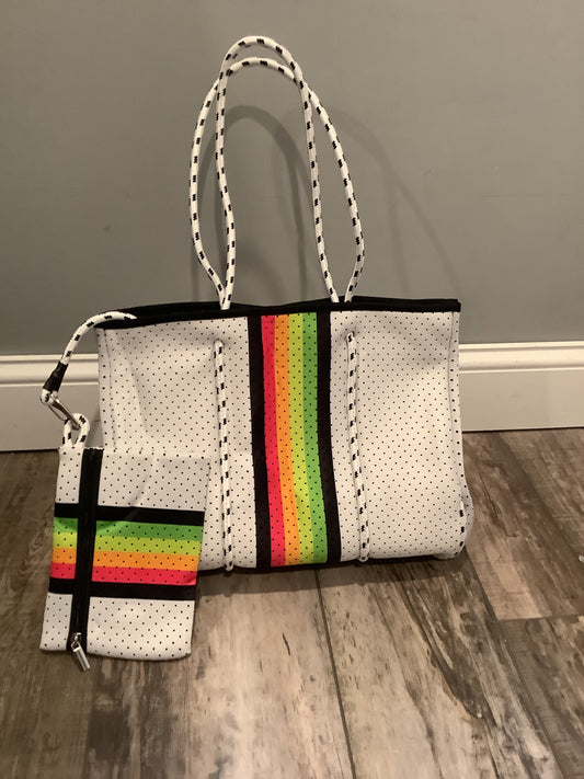 White with Rainbow Stripe Neoprene Tote Bag 🌈