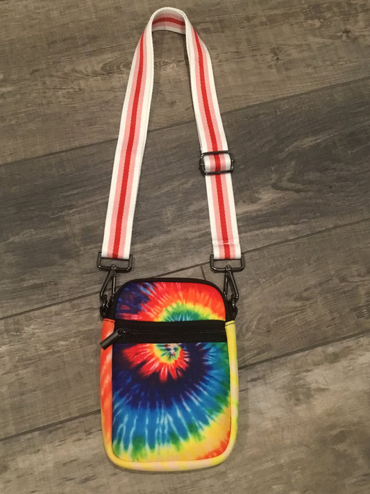 RAINBOW 🌈  TIEDYE WITH MULTI ZIPPER NEOPRENE PHONE HOLDER W/1.25" STRIPE STRAP