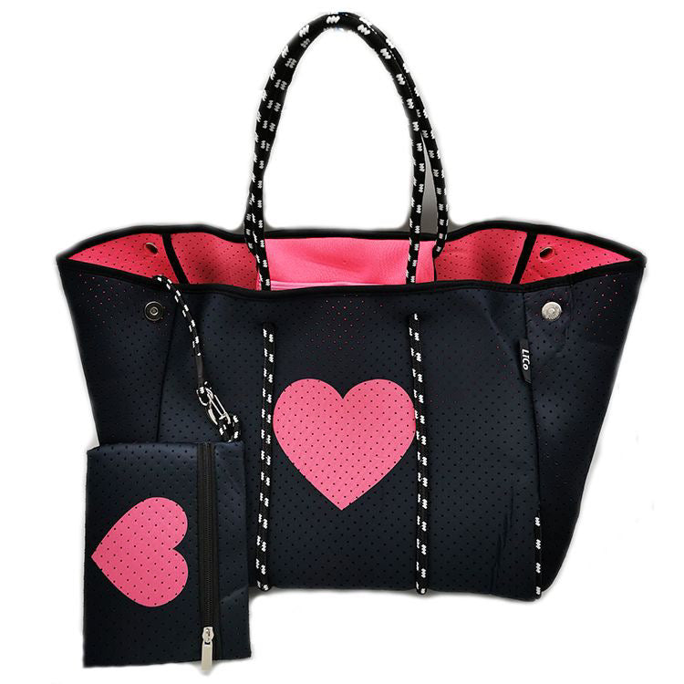 Black Neoprene Tote with Pink Heart 💖