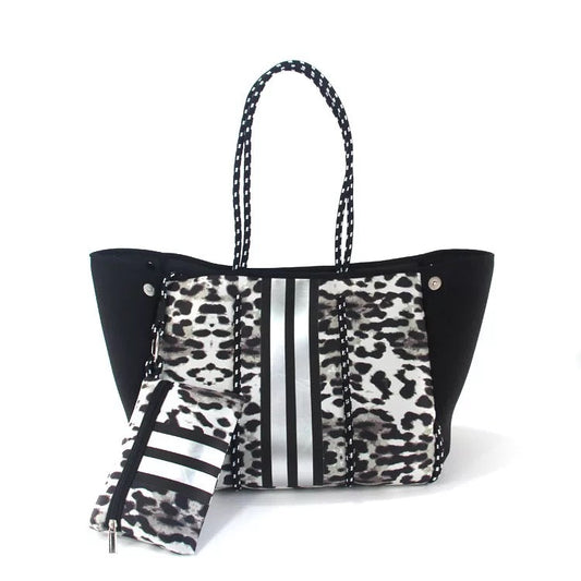 Brown/Black Leopard Neoprene Tote with Silver Stripe