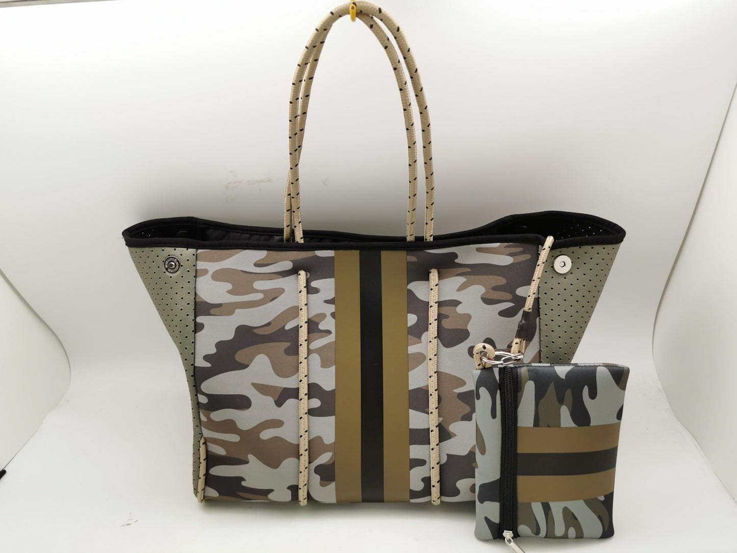 Brown Camo Olive/Blk Stripe Neoprene Tote