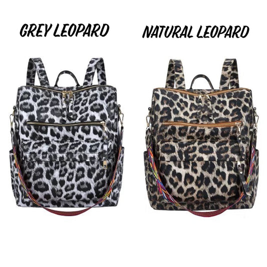 Leopard Vegan Leather Convertible Backpack - Grey or Tan