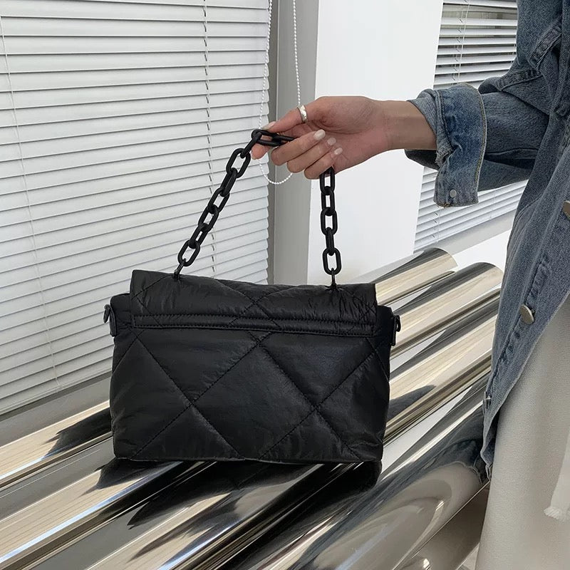 Nylon Quilted Black Chain Bag