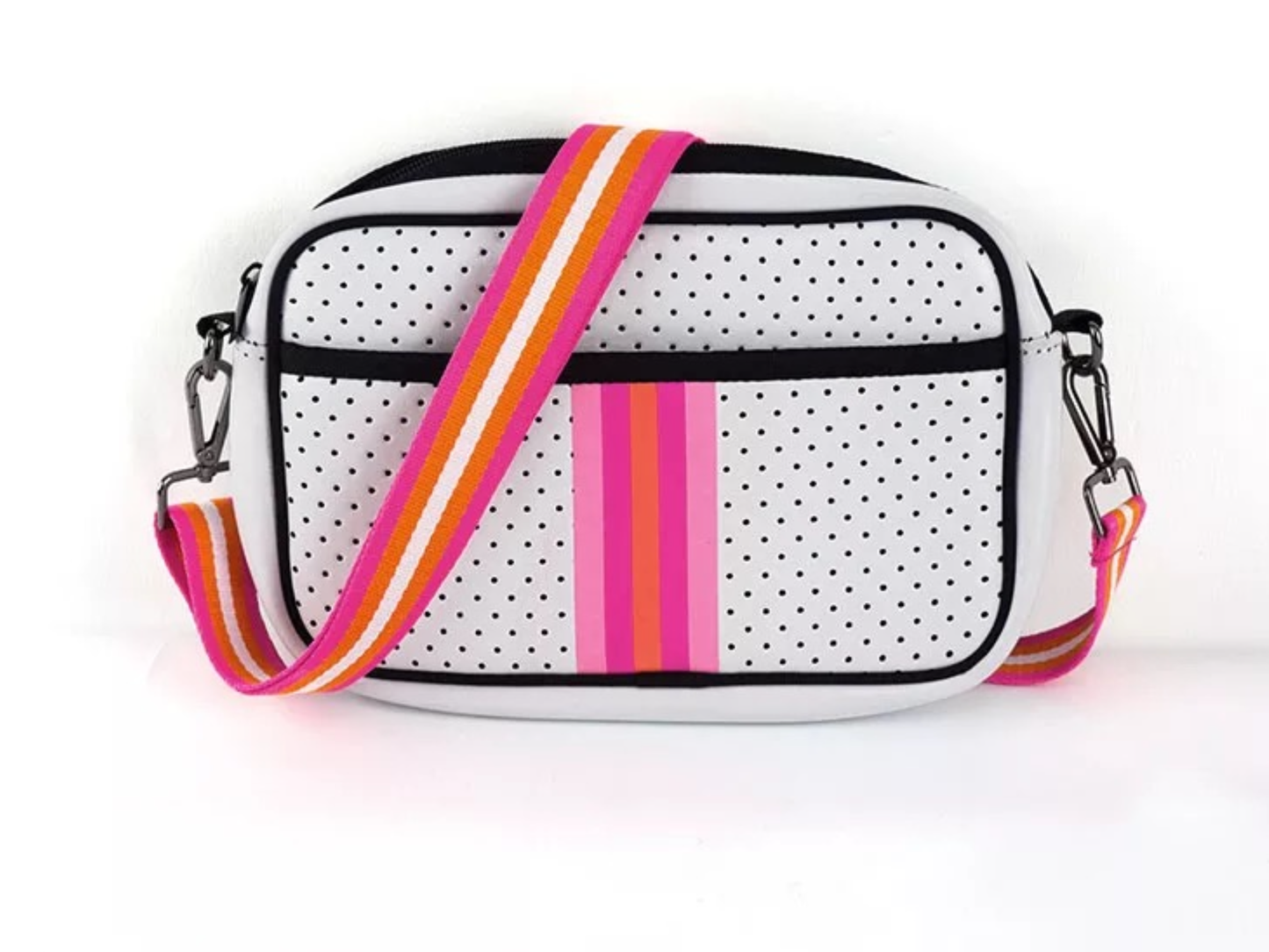 White with Pink/Lavender/Orange Stripe Neoprene Crossbody Bag 💗💜🧡