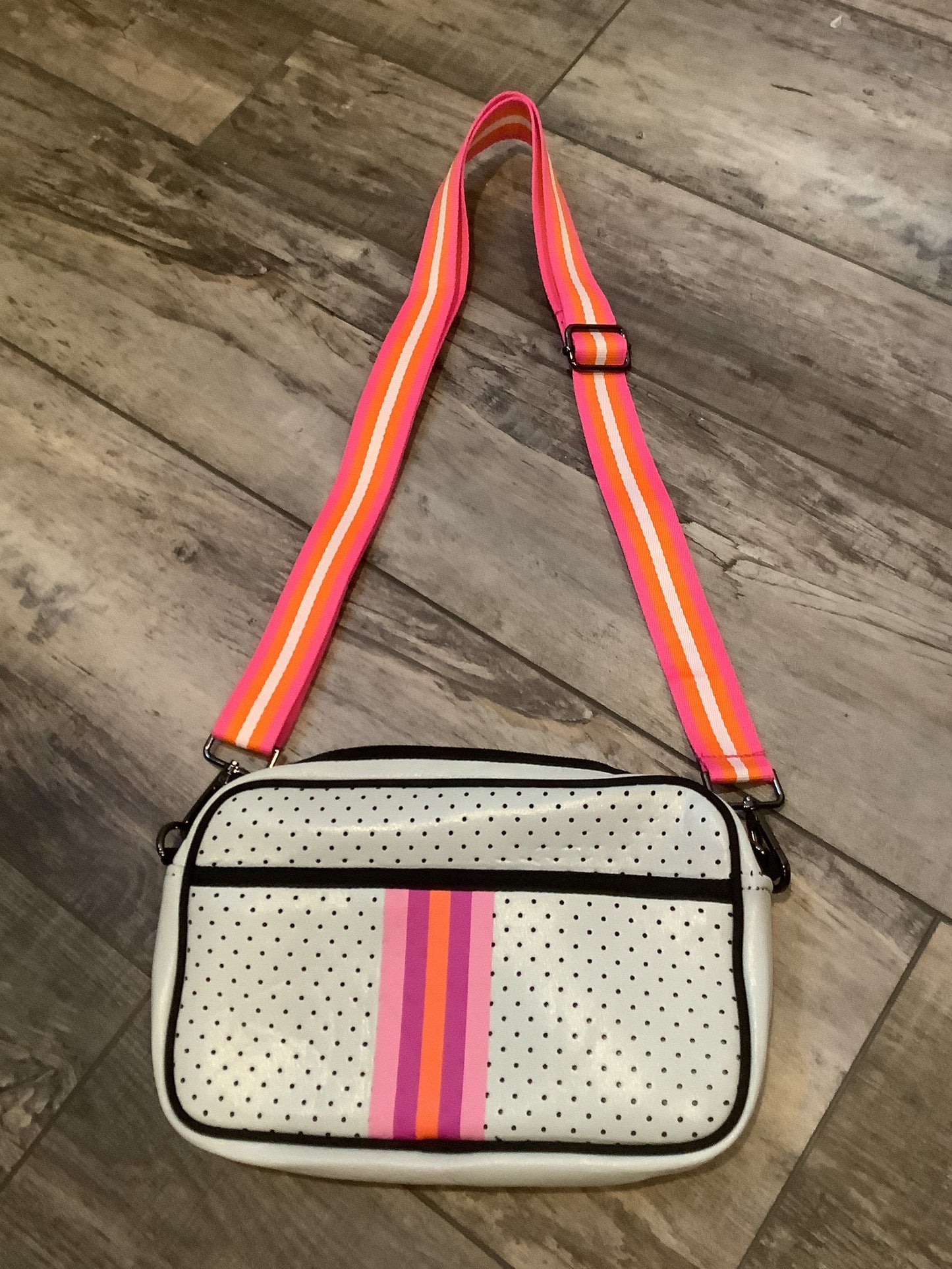 White with Pink/Lavender/Orange Stripe Neoprene Crossbody Bag 💗💜🧡