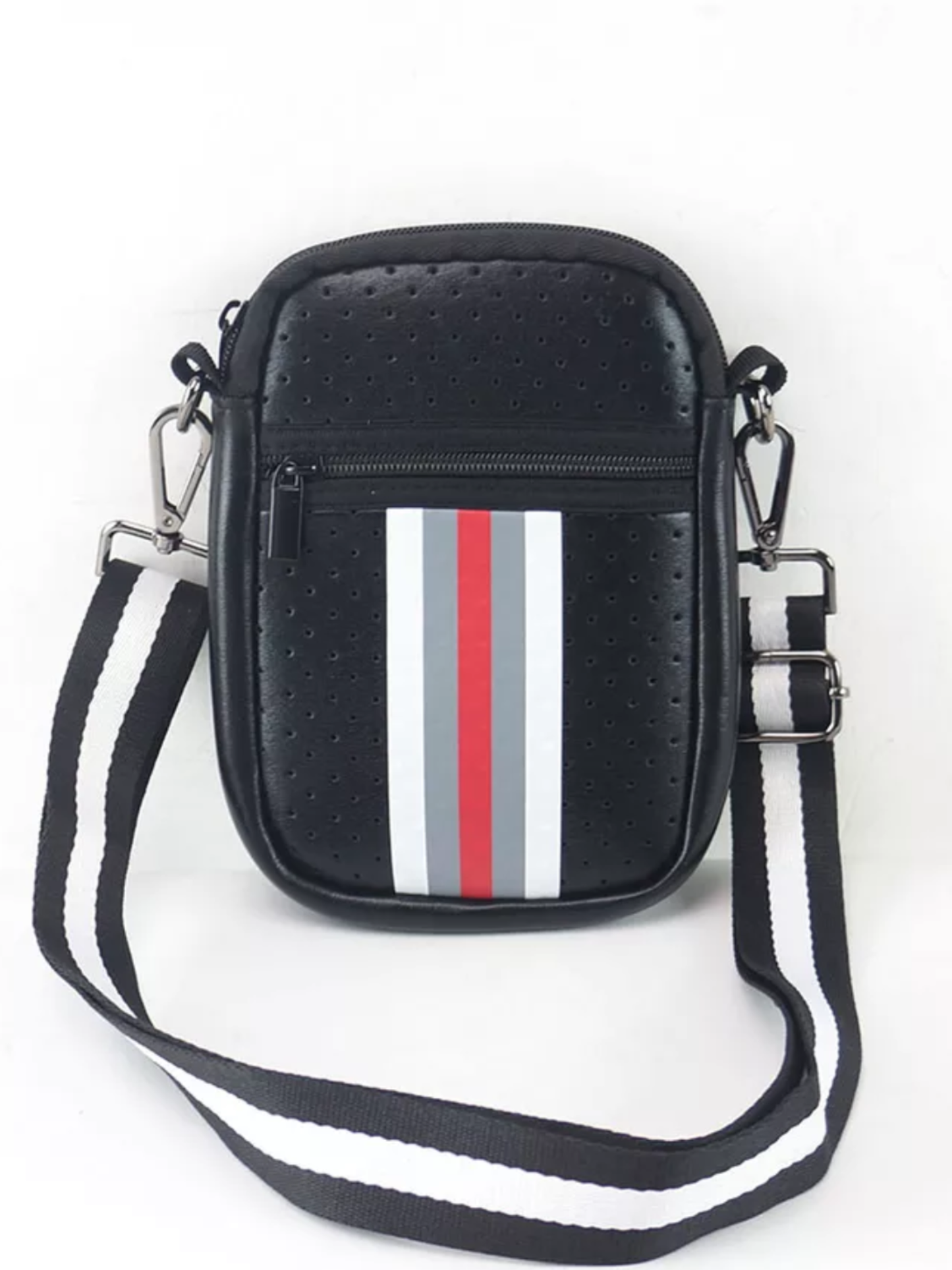 BLACK WITH RED, GREY & WHITE STRIPE MULTI ZIPPER NEOPRENE PHONE HOLDER W/1.25" STRIPE STRAP