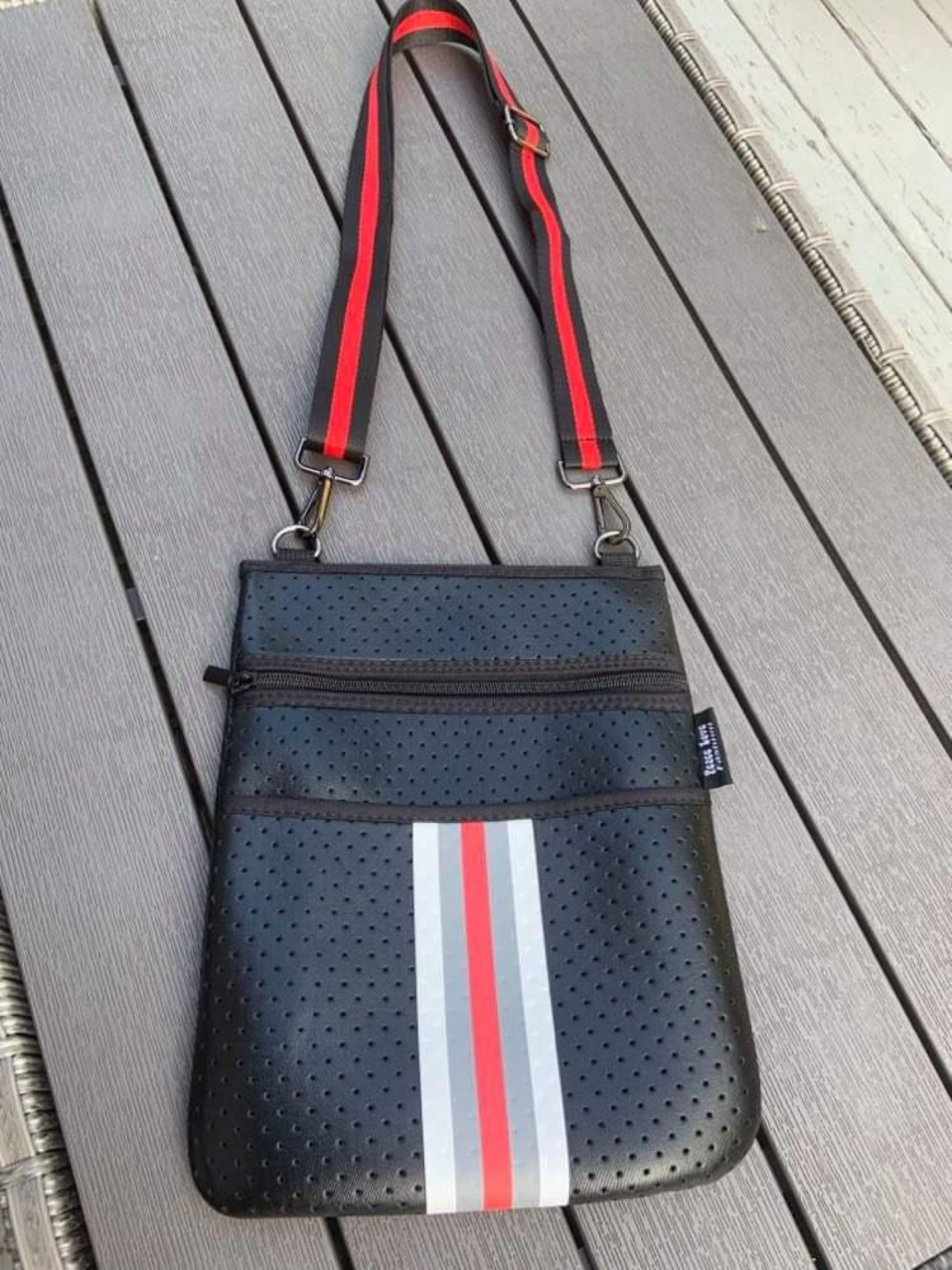 Black neoprene crossbody with Red, Grey and White stripes ❤️🖤