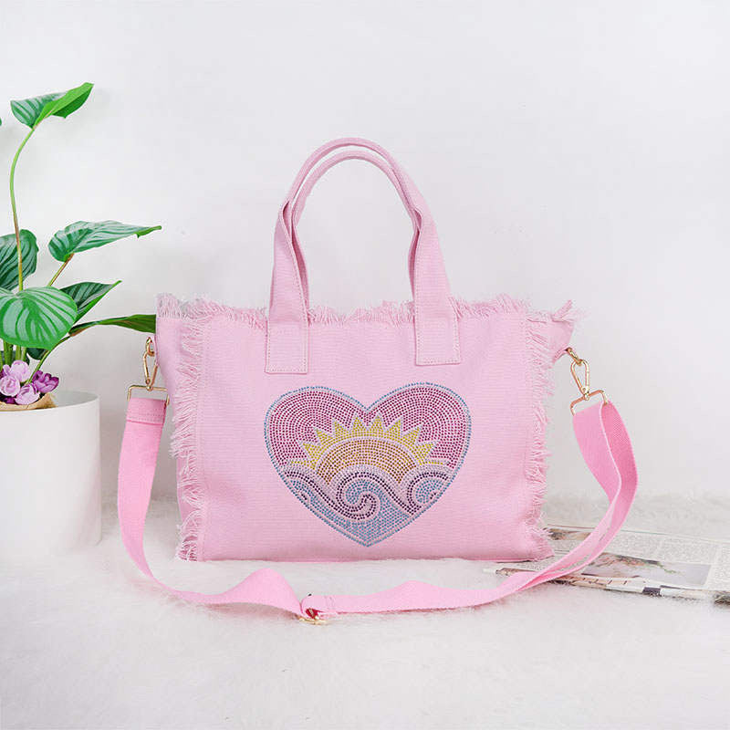 Bling Heart Sun Wave Small Fringe Canvas Tote With Solid Strap - Pink