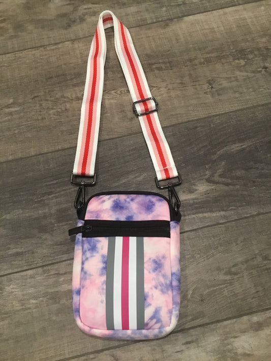 PINK/PURPLE TIEDYE WITH MULTI ZIPPER NEOPRENE PHONE HOLDER W/1.25" STRIPE STRAP