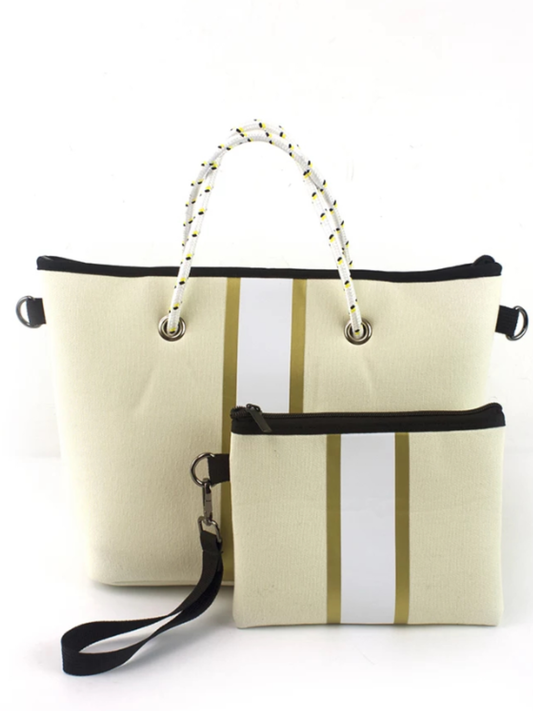 Cream with Gold Stripe Mini Cross Shoulder Neoprene Bag