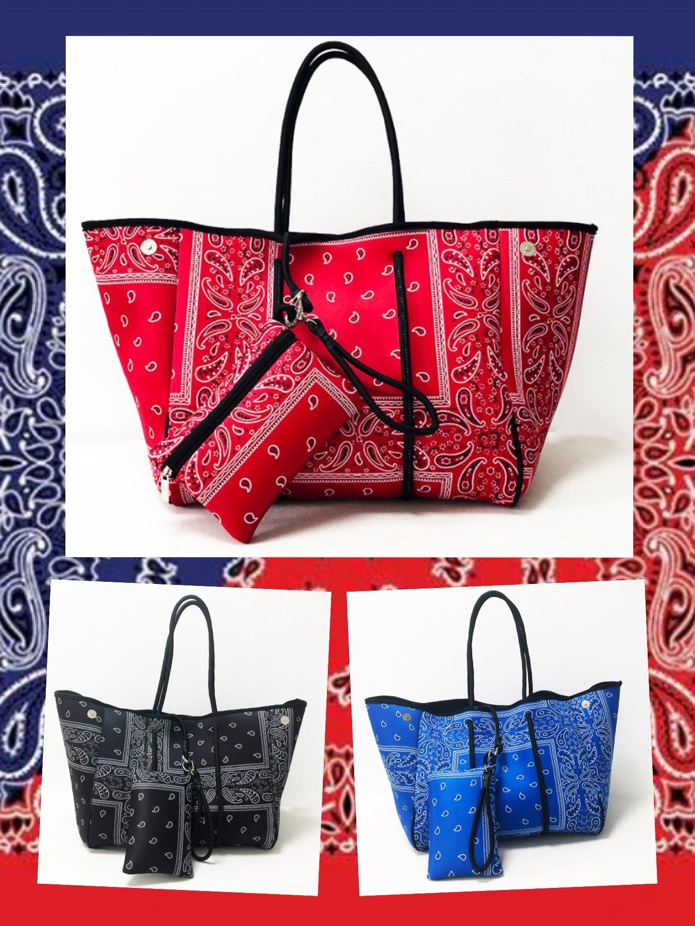 Bandana Neoprene Tote - Black, Blue or Red 🖤💙❤️