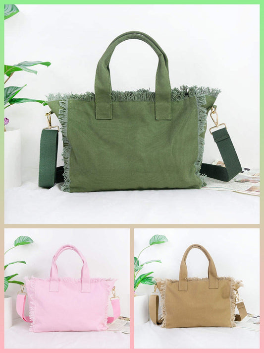 Small Fringe Canvas Tote With Solid Strap - Assorted colors