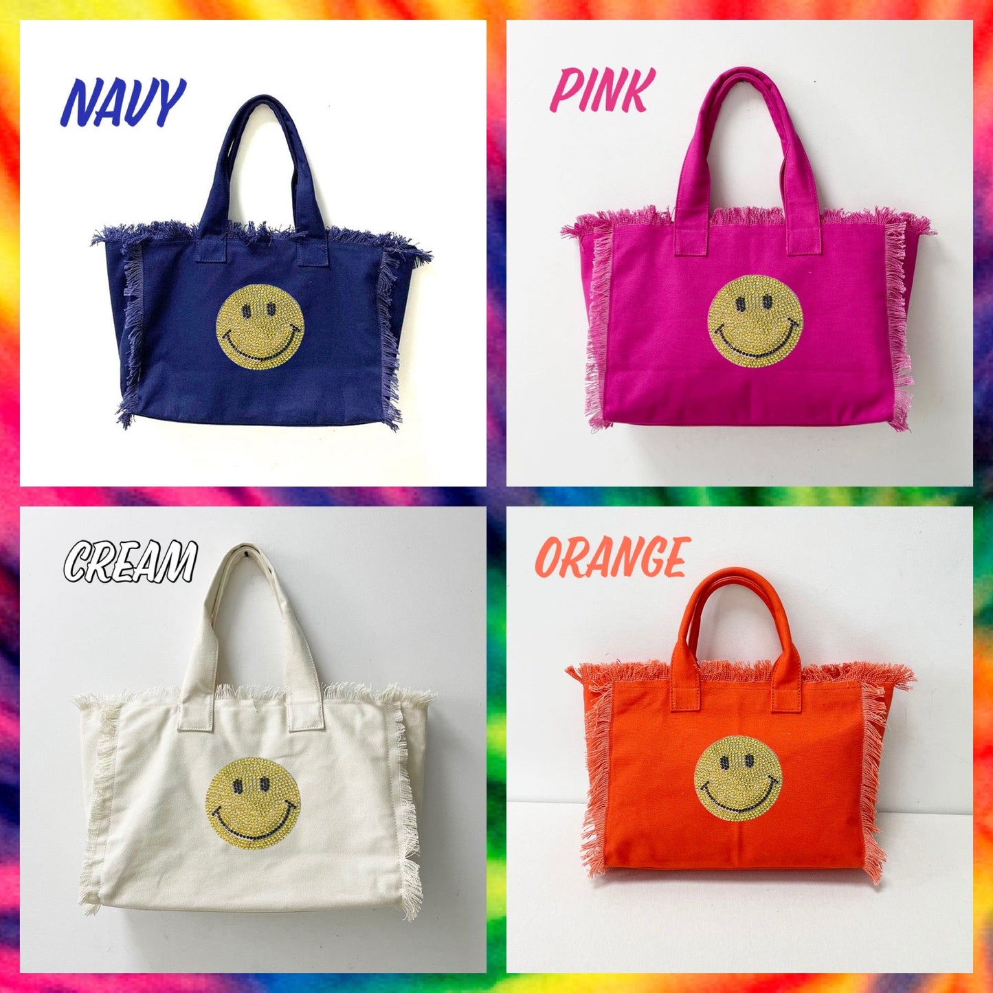 Happy 😊 Face Canvas Fringe Tote - Assorted Colors