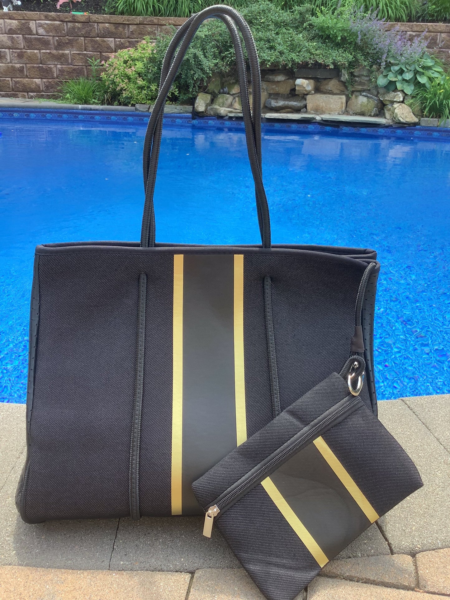 Black Denim Look with Gold Stripe Neoprene Tote