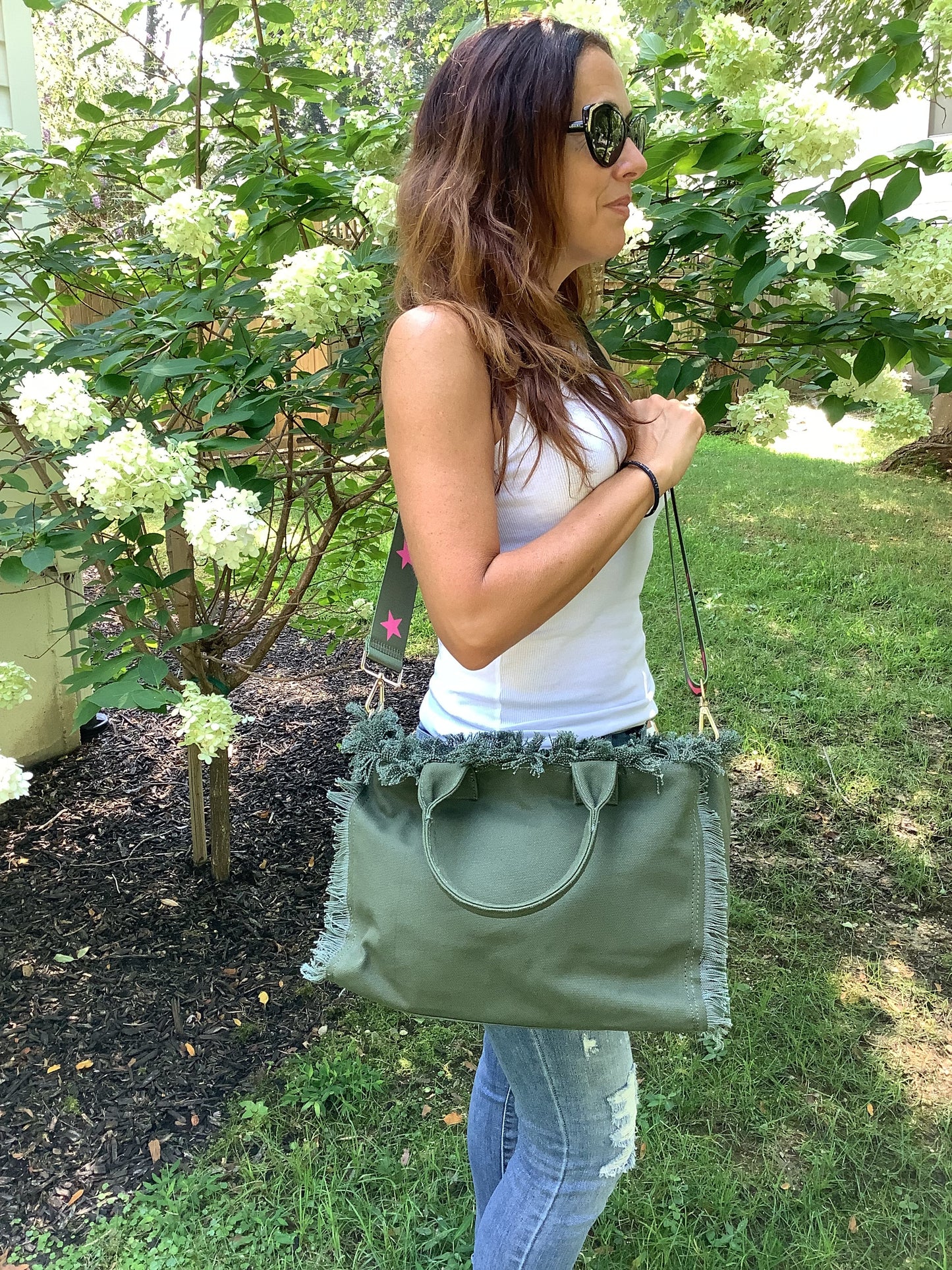 Olive Small Fringe Canvas Tote With Star Strap