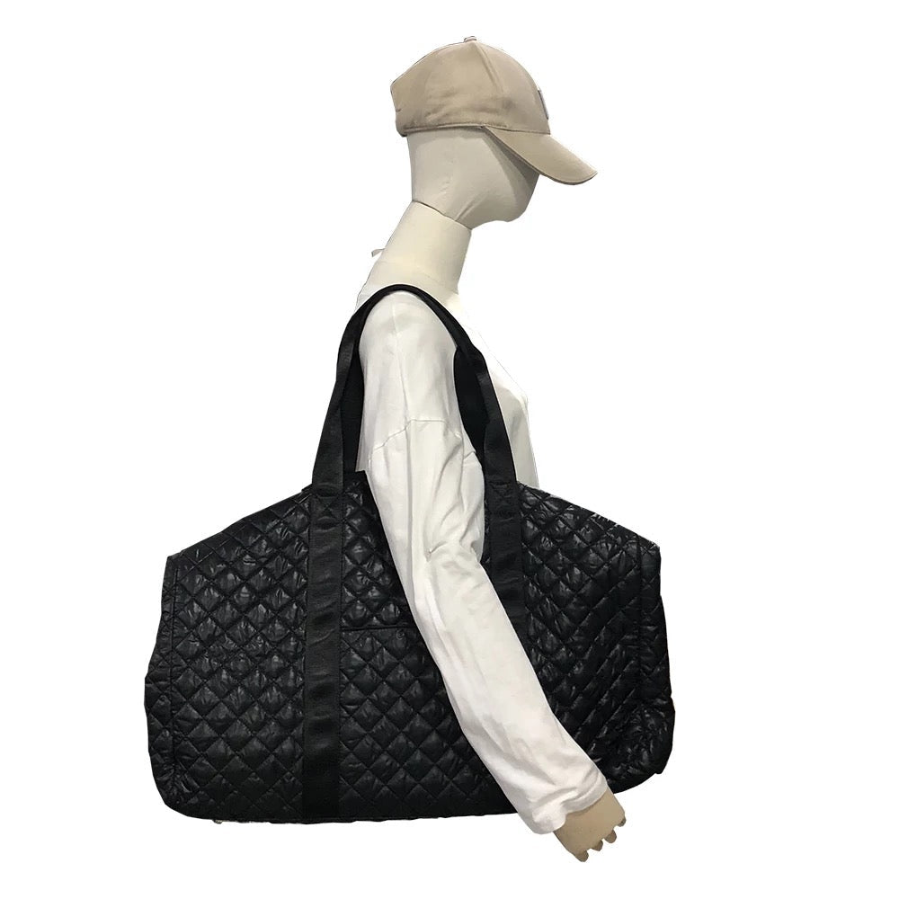 Quilted Nylon Weekender Duffle Bag - Black