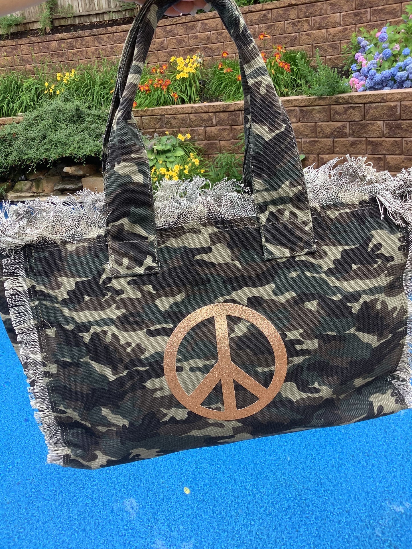 Peace Gold Glitter Camo Canvas Tote