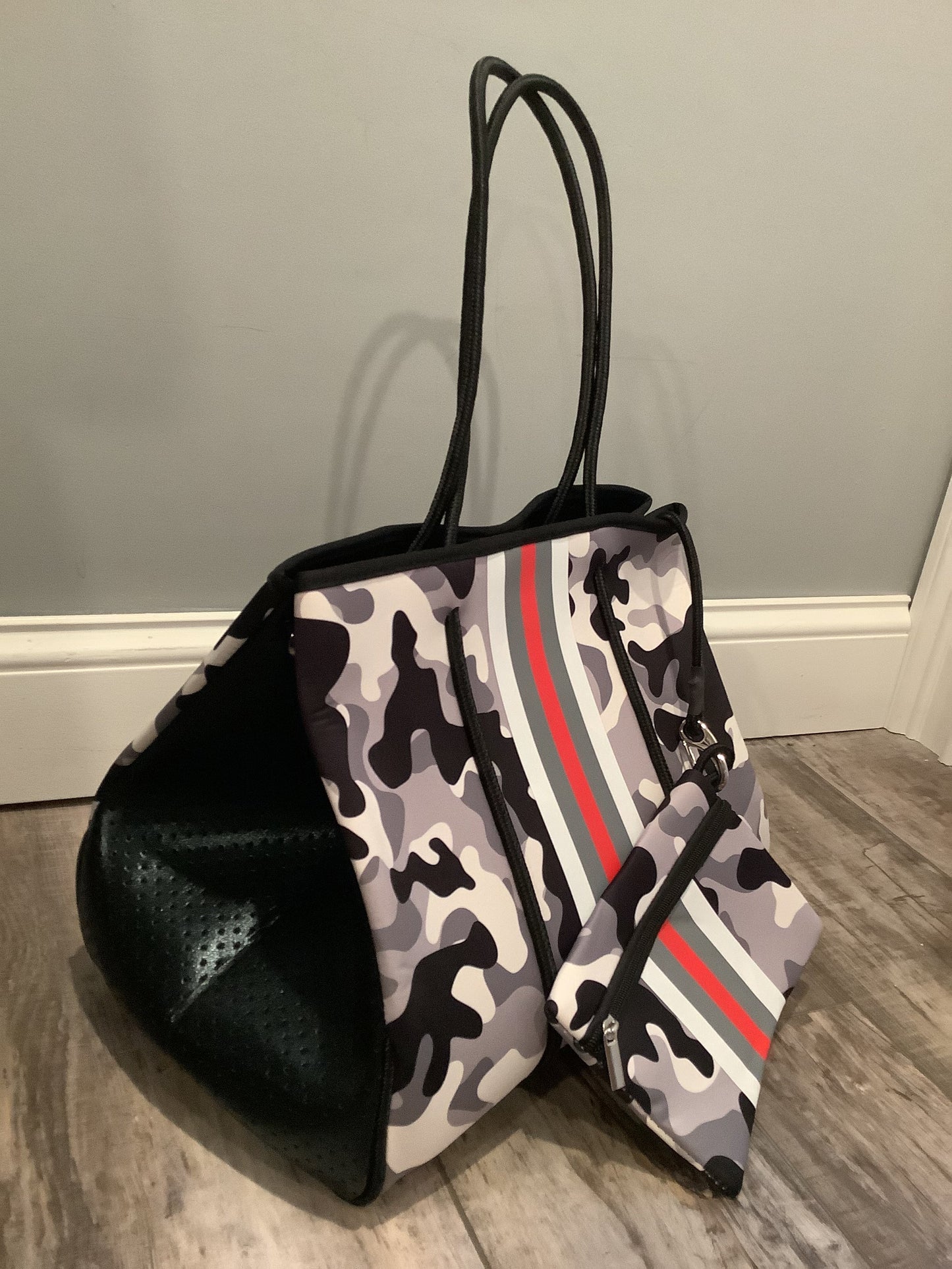 Grey Camo with Red & White Stripe Neoprene Tote