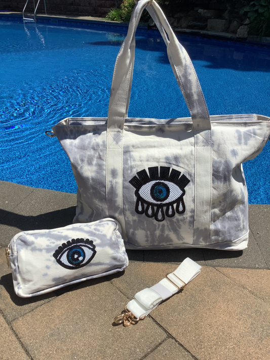 Sequin Evil Eye Tiedye Canvas Tote Bag, Pouch & Strap Set - Grey