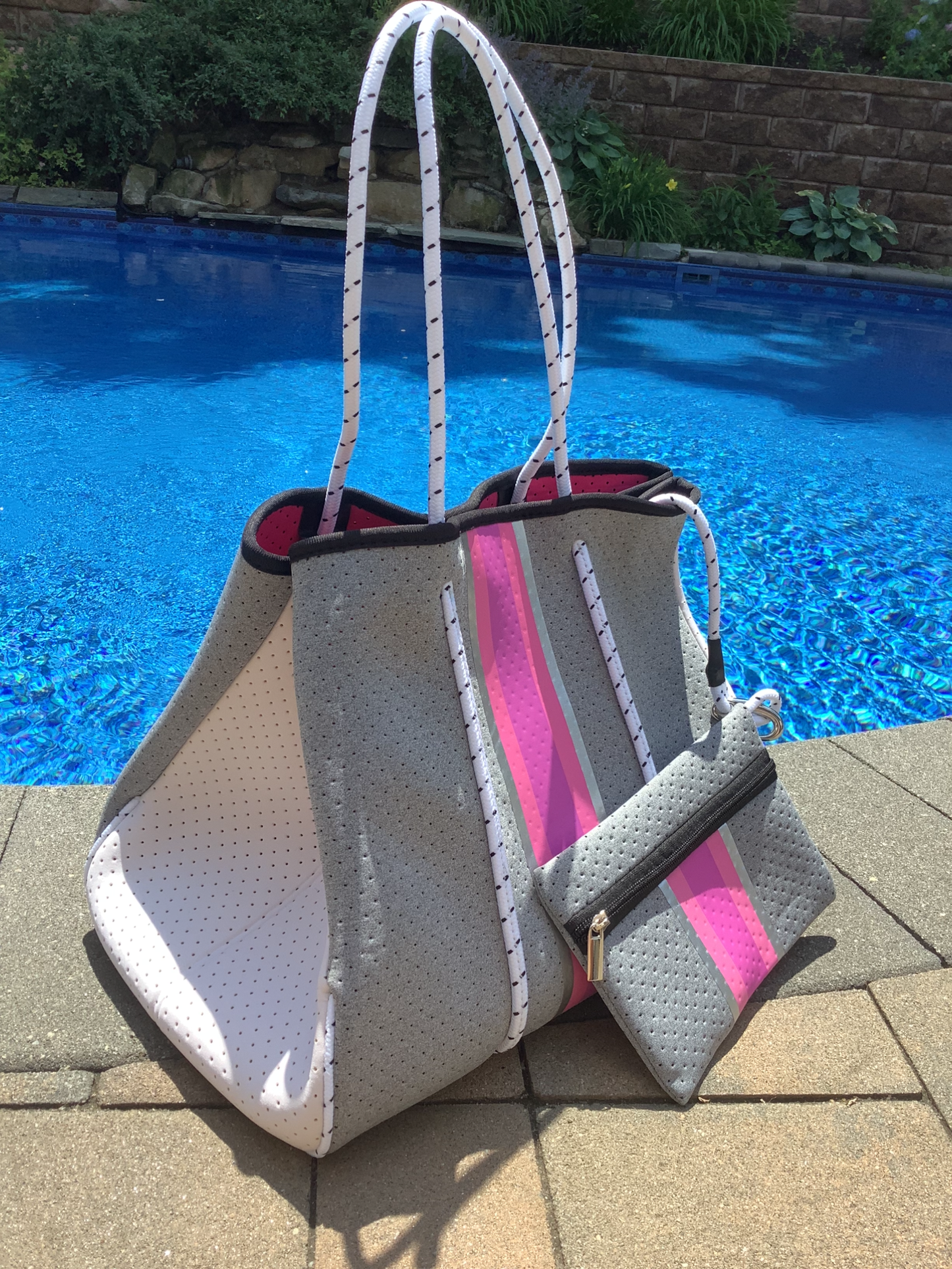 Grey & White with Pink Stripe Neoprene Tote bag