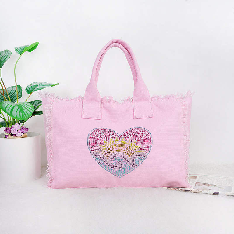 Bling Heart Sun Wave Large Canvas Fringe Tote - Pink or Ivory