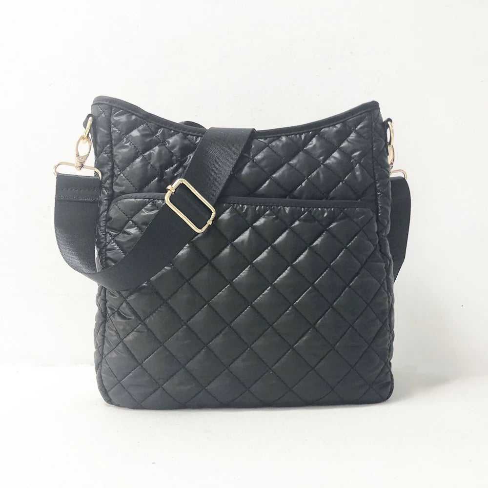 Quilted Nylon Puffer Crossbody Bag - Black