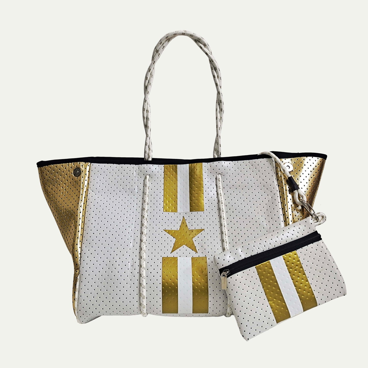 White w/ Gold Star Detail Neoprene Tote w/ Gold Metallic Side Panels