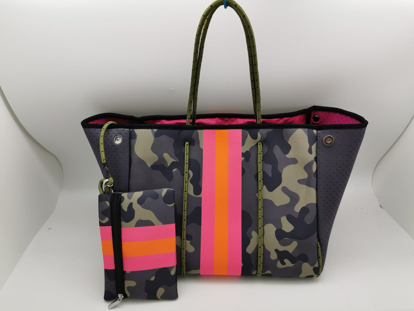 Green Camo with Neon Orange/Pink Stripe Neoprene Tote bag 🧡💗