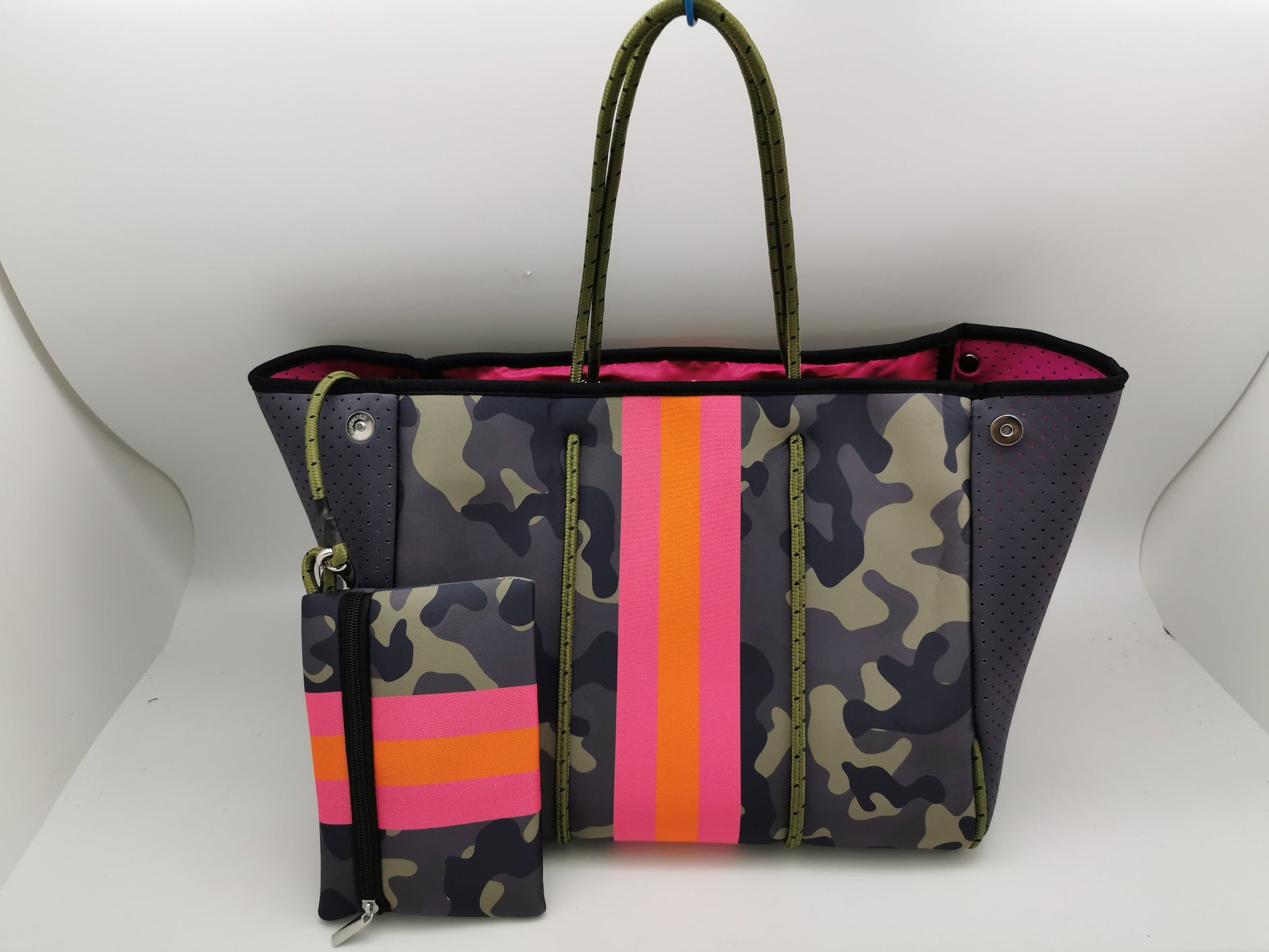 Camo, Pink & Orange Stripe Neoprene Tote Bag