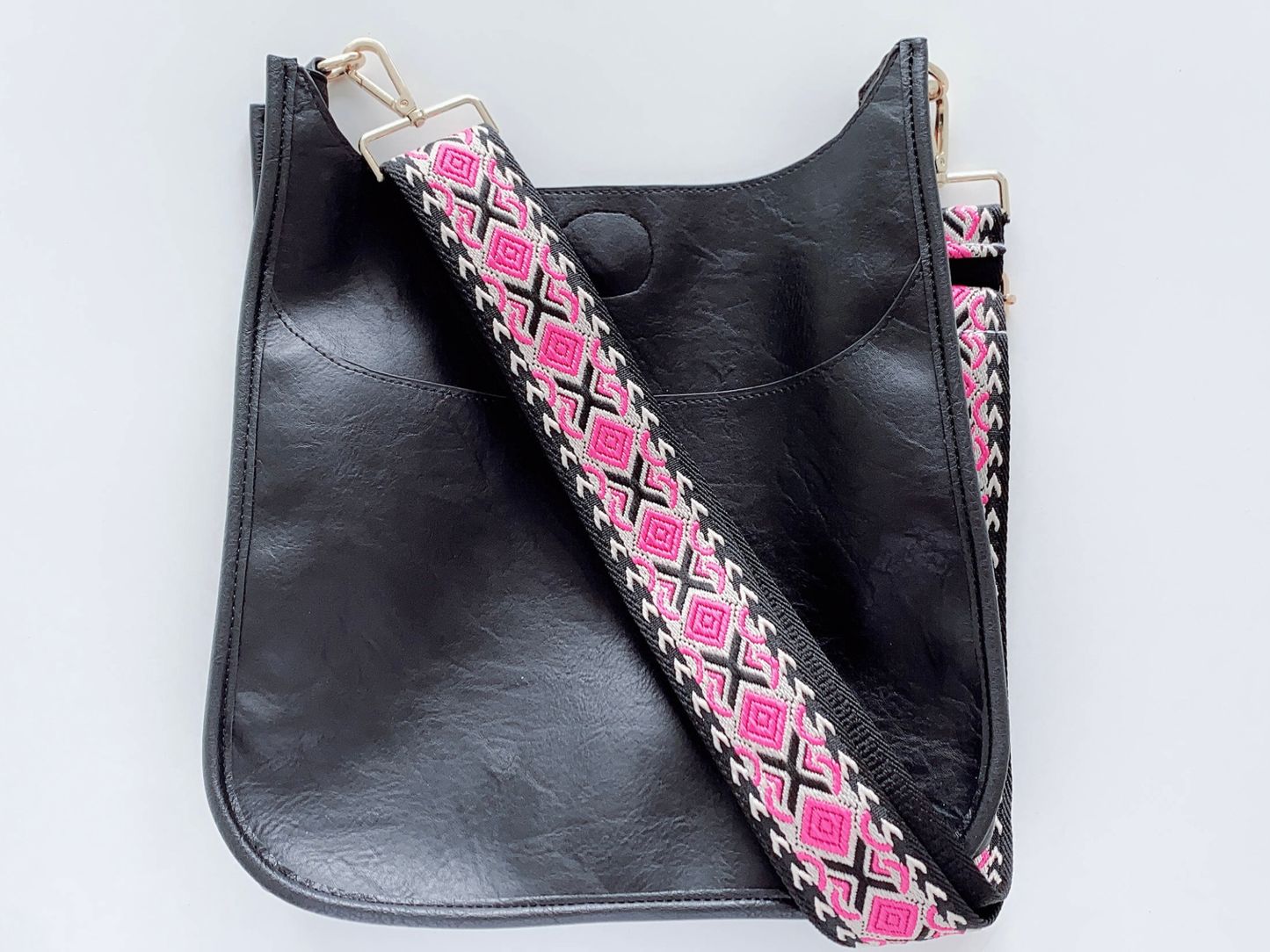 Vegan leather Messenger Bag - Black W/ Pink & Black Strap