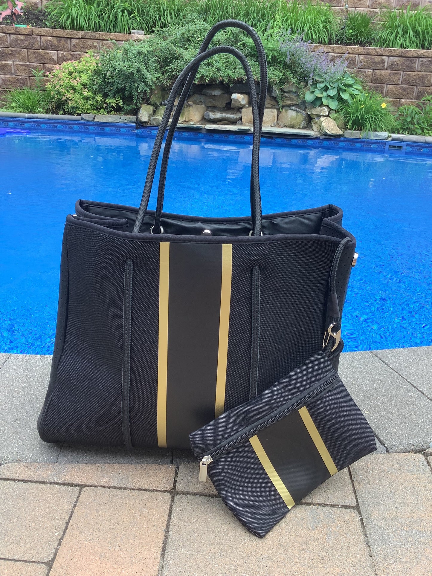 Black Denim Look with Gold Stripe Neoprene Tote