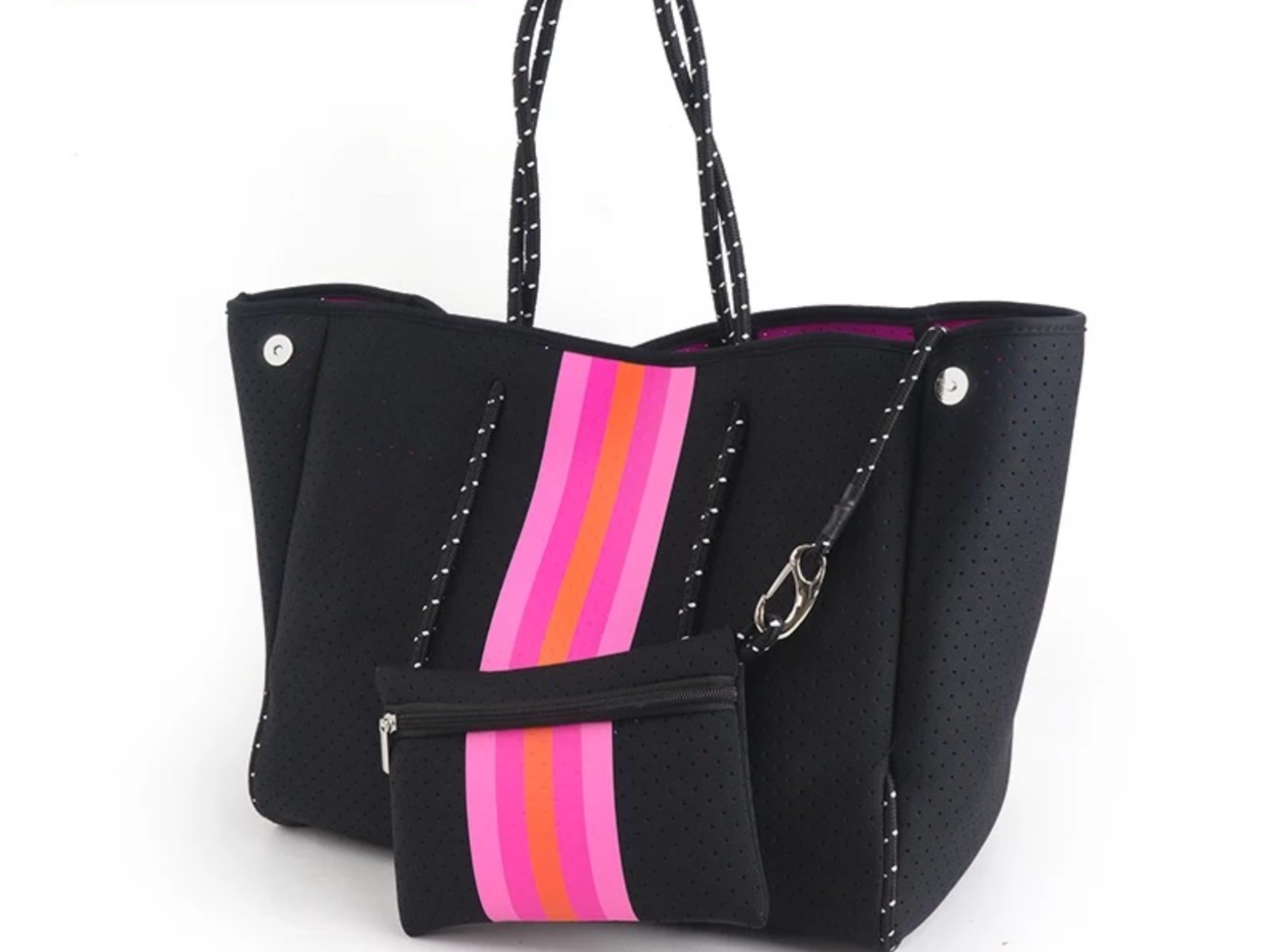 White and Neon Pink Stripe Neoprene Tote