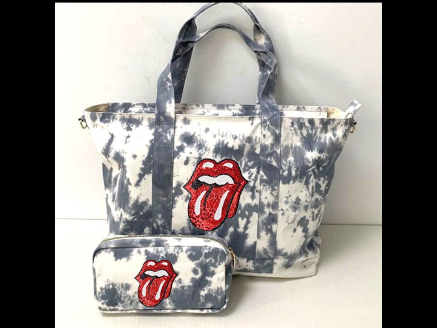 Sequin Stones Tongue Tiedye Canvas Tote Bag, Pouch & Strap Set - Grey