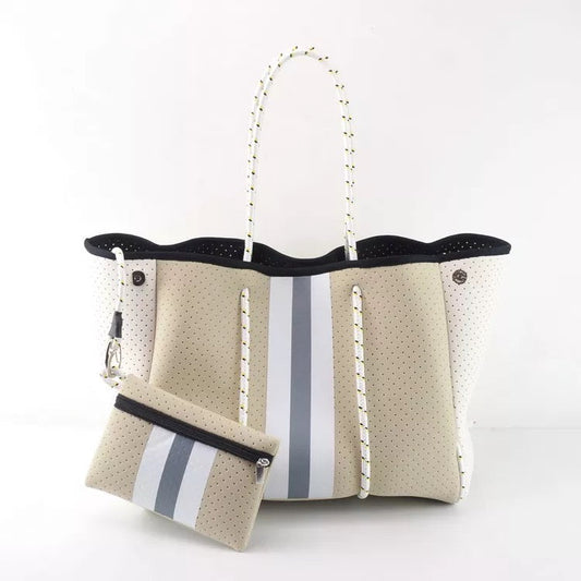 Beige with Grey & White Stripe Neoprene Tote